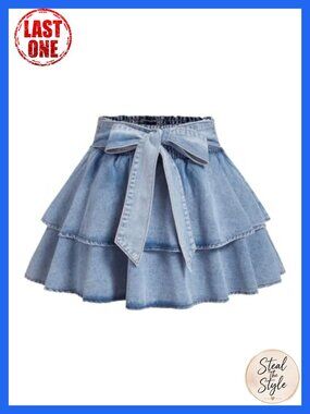 Plus Size Denim Mini Skirt Bow Tie Knot Ruffle Tiered Short Jean Skirt
